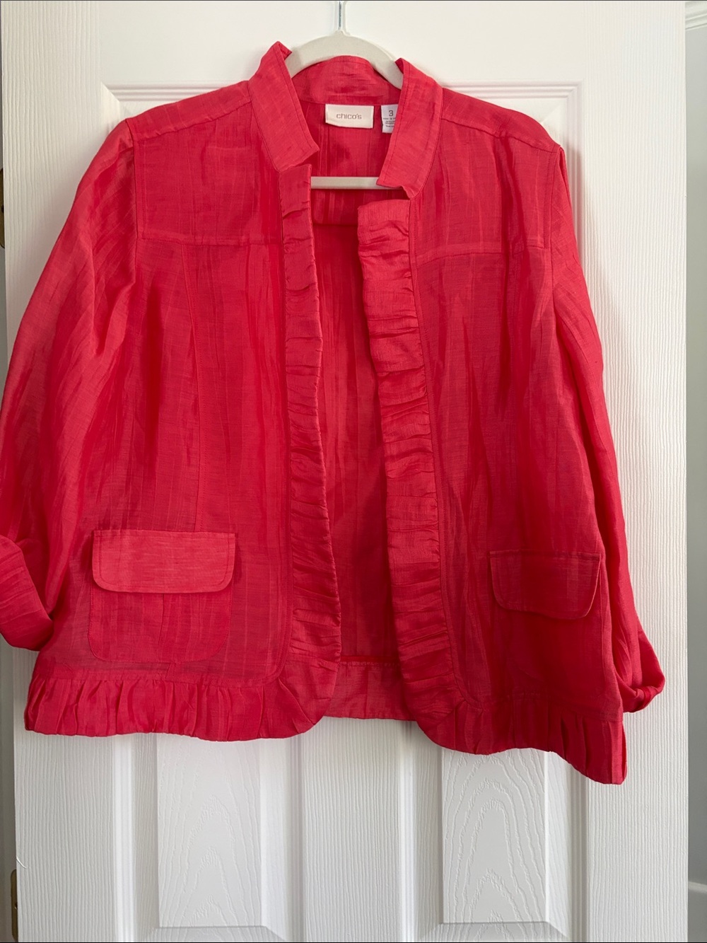 Chico's Bright Red Ruffle-Trim Open Jacket